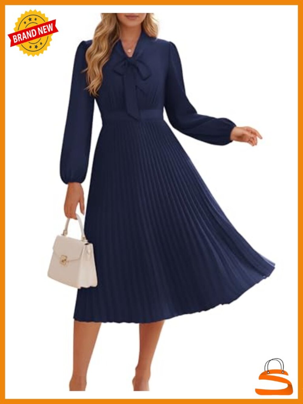 Womens Long Sleeve V Neck Pleated A Line Flowy Midi Dress Casual